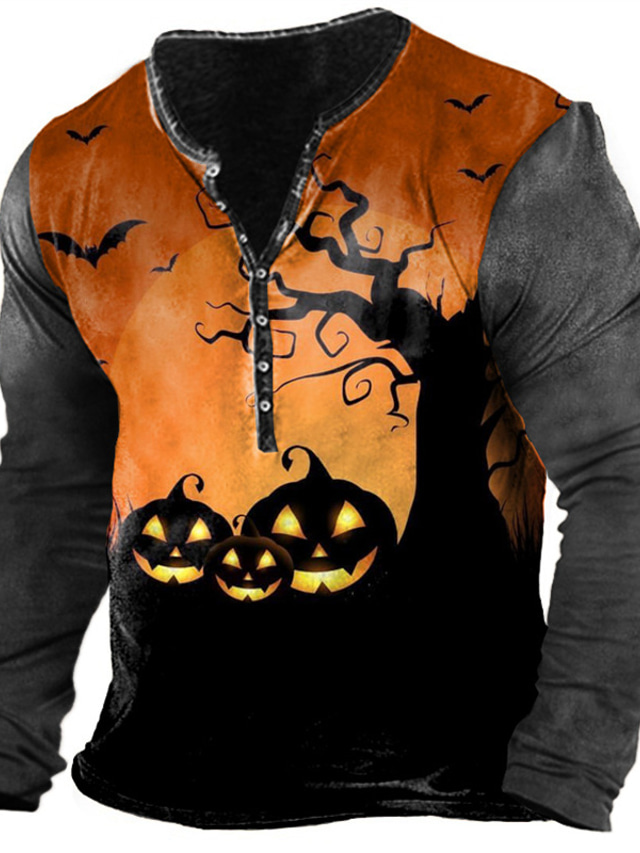  Per uomo Camicia Henley maglietta Magliette Pop art Zucca Henley Arancione Stampa 3D Plus Size Esterno Halloween Manica lunga Bottone giù Stampa Abbigliamento Essenziale Originale Classico Comodo