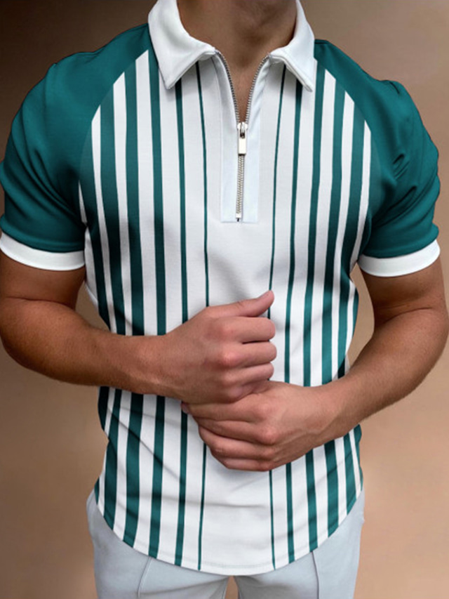  chemise de golf pour hommes imprimé rayé rabat décontracté fermeture à glissière quotidienne impression à manches courtes hauts mode décontractée respirant confortable vert chemise d'été