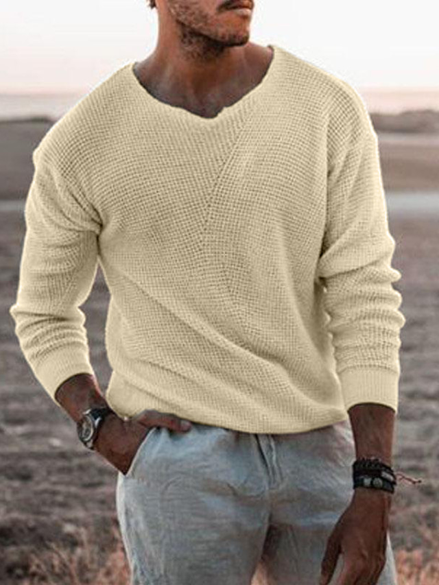  Men's Sweater Pullover Sweater Jumper Ribbed Knit Cropped Knitted V Neck Clothing Apparel Spring Fall Camel Gray / GRAY S M L