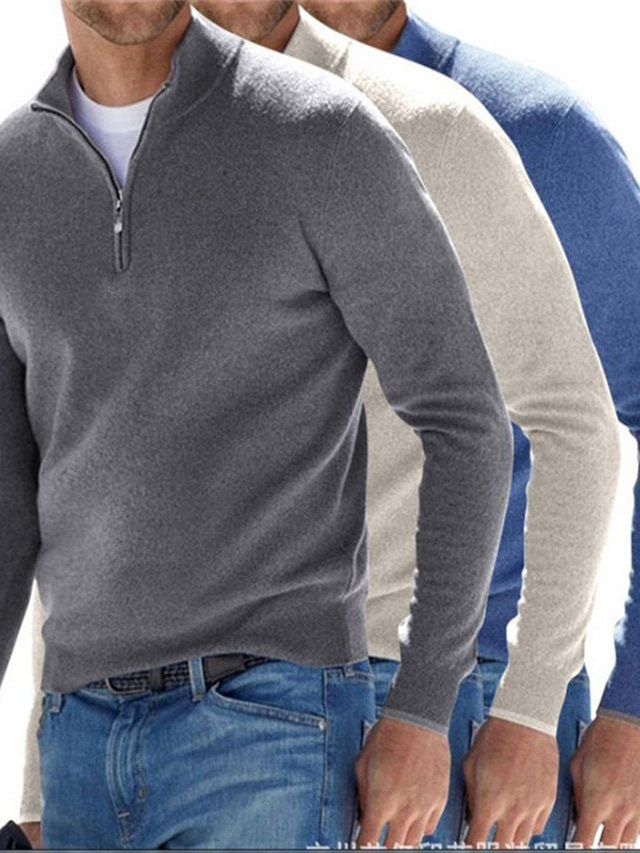 Men's Sweater Pullover Sweater jumper Ribbed Knit Cropped Zipper Knitted Solid Color Stand Collar Basic Stylish Outdoor Daily Clothing Apparel Fall Winter Green Blue M L XL / Long Sleeve