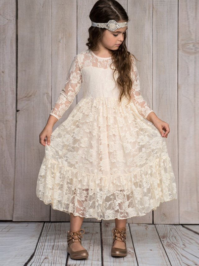  Barn Jente Blomsterjente kjole Kjole Ensfarget Langermet Bryllup Fest Daglig Blonde Netting Broderi søt stil Prinsesse Bomull Maksi Kjole med A-linje Tyllkjole Høst Vinter 3-12 år Hvit Beige