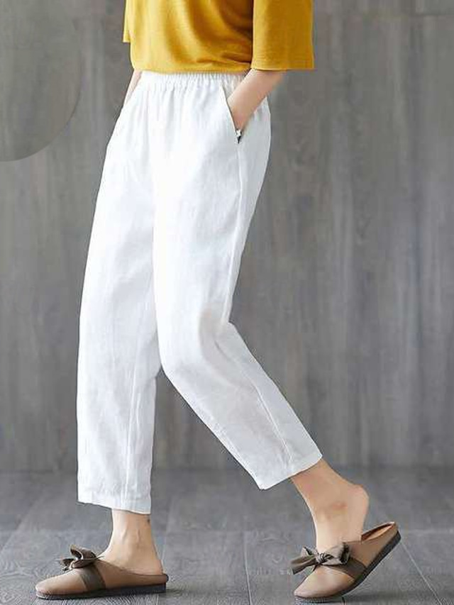  Women's Normal Cotton Linen Pants Chinos Pants Trousers Fashion Ankle-Length Mid Waist Plain Side Pockets Baggy Comfort Micro-elastic Work Casual Weekend Black-White Black+Grey Black White Summer