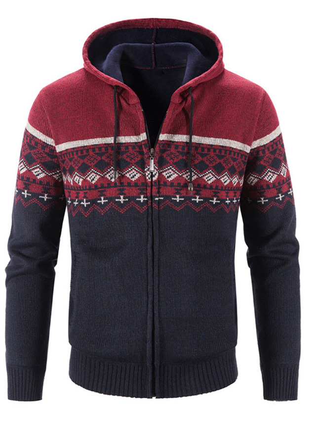  Men's Sweater Cardigan Sweater Zip Sweater Sweater Jacket Fleece Sweater Chunky Knit Cropped Zipper Knitted Argyle Hooded Basic Stylish Outdoor Daily Clothing Apparel Winter Fall Wine Dusty Blue M L