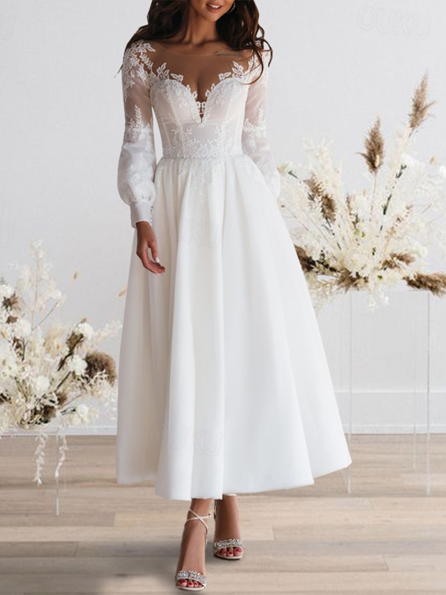  Beach Wedding Reception Vintage 1940s / 1950s Little White Dress Bridal Shower Dresses Wedding Dresses A-Line Illusion Neck Long Sleeve Ankle Length Chiffon Bridal Gowns With Appliques