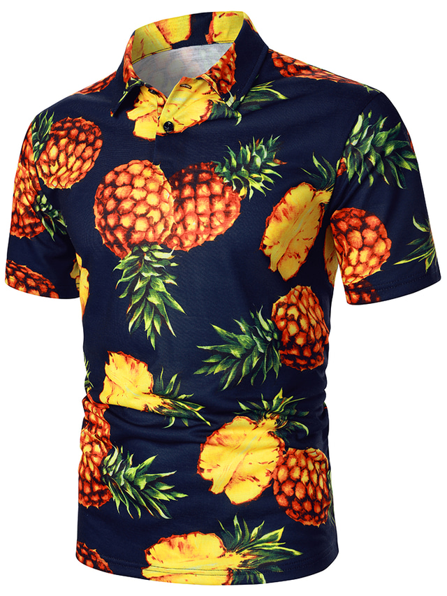  رجالي قميص قميص بولو قميص رسمي قميص هاواي قميص الجولف أناناس ياقة مع زر سفلي أسود / أبيض أصفر أخضر طباعة الأماكن المفتوحة فضفاض كم قصير مكعبات الألوان زر أسفل ملابس موضة بسيط مكعبات الألوان كاجوال