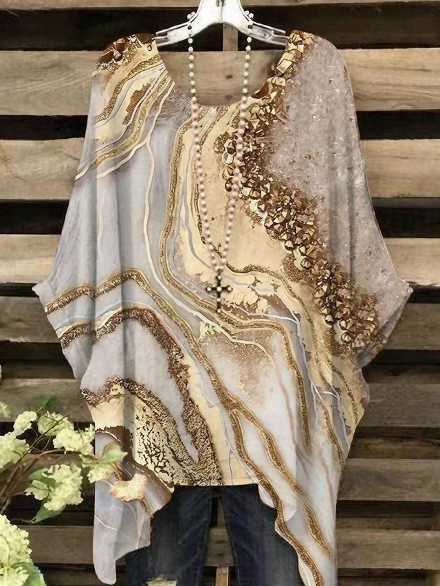  Dame Plus Size Bluse Chiffon Grunnleggende Avslappet Trykk Dolman Ermer Lange Ermer Crew Hals Ferie Daglig Gul Vår Høst