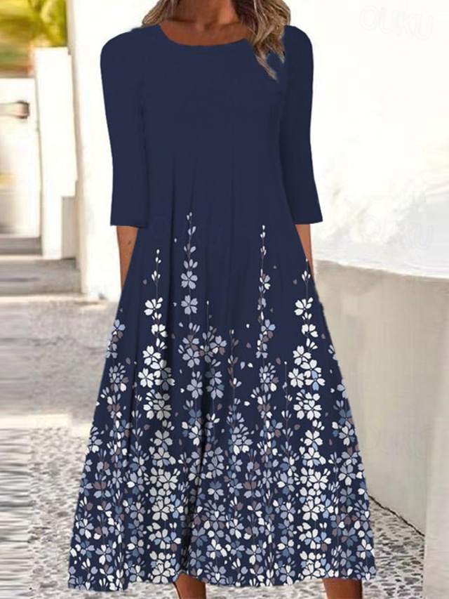  Women's Midi Dress Casual Dress Shift Dress Basic Outdoor Vacation Daily Regular Fit Floral Ditsy Floral 3/4 Length Sleeve Crew Neck Navy Blue Summer Spring