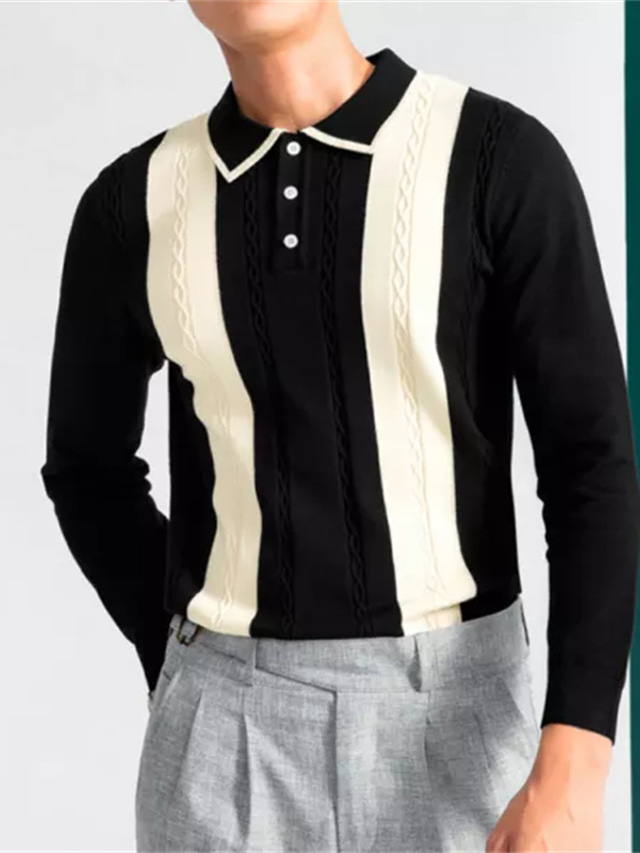  Herren Poloshirt Polo Pullover Golfhemd Farbblock Umlegekragen Schwarz Strasse Täglich Langarm Button-Down Bekleidung Modisch Casual Komfortabel