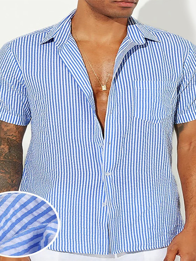  Homens Camisa de algodão camisa de verão Listrado Aberto para a Lateral Preto Amarelo Vermelho Azul Roxo Rua Diário Manga Curta Botão para baixo Roupa Leve Macia Respirável Confortável