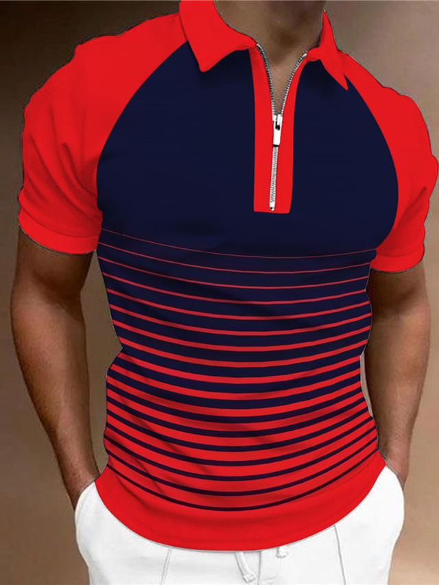  Per uomo POLO Camicia da golf Golf Gradiente A strisce Collo ripiegabile Verde Blu Grigio chiaro Rosso Nero Stampa 3D Esterno Strada Maniche corte Cerniera Stampa Abbigliamento Di tendenza Originale