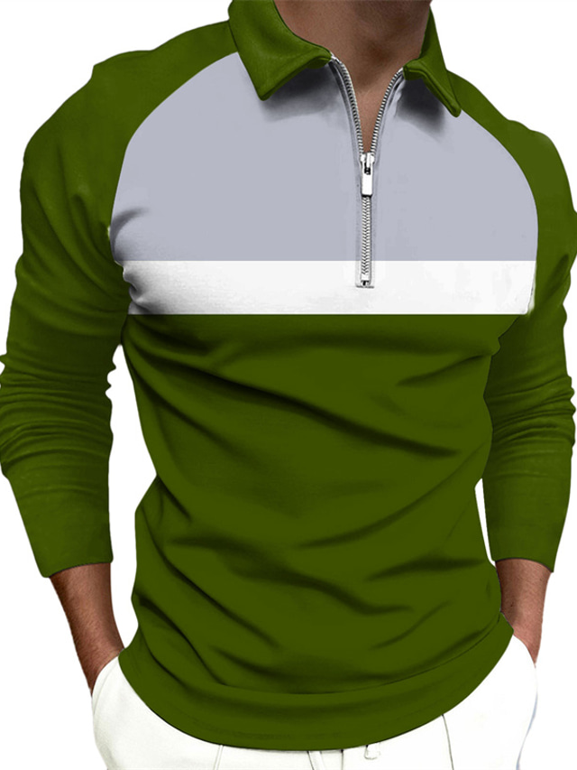  Herr POLO Shirt Golftröja Quarter Zip Polo Färgblock Nedvikt Armégrön Marinblå Svart Gata Dagligen Långärmad Dragkedja Kläder Mode Ledigt Bekväm