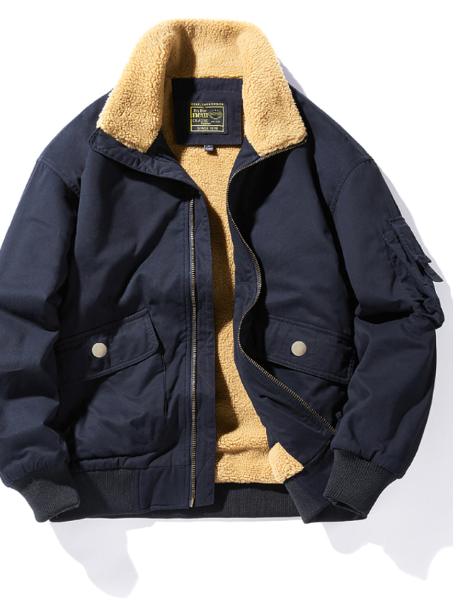  Men's Fleece Jacket Outdoor Casual Daily Winter Regular Coat Regular Fit Warm Stylish Minimalism Jacket Long Sleeve Solid Color Fur Collar Army Green Khaki Dark Navy / Cotton