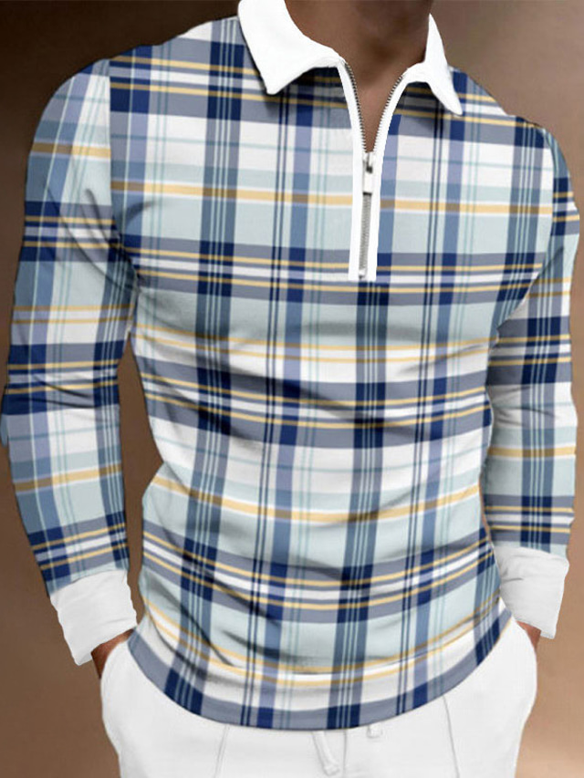  POLO T Shirt golf T shirt Tee Homme Plaid Col Fermeture éclair Imprimer Manches Longues Plein Air Casual du quotidien Standard Polyester Vêtement de sport Casual Mode