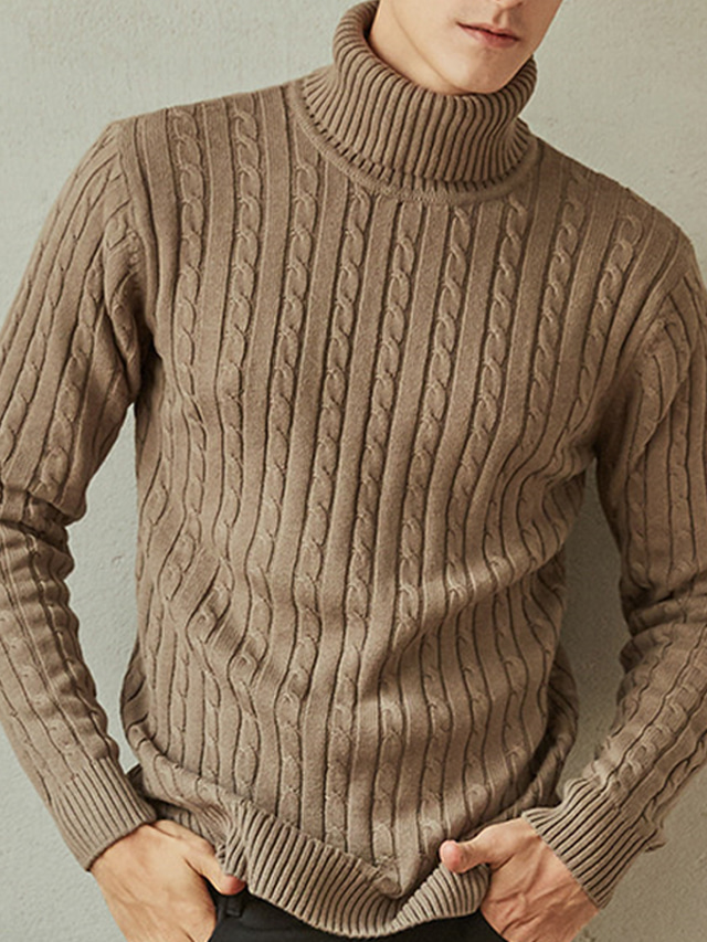  Men's Sweater Pullover Sweater Jumper Turtleneck Sweater Ribbed Knit Knitted Solid Color Turtleneck Basic Casual Daily Holiday Clothing Apparel Winter Fall Black Khaki M L XL