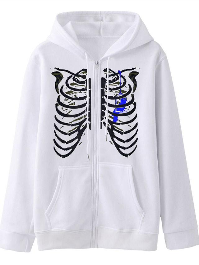  Men's Full Zip Hoodie Jacket Graphic Skull Skeleton Halloween Zipper Front Pocket Print Daily Holiday Going out Hot Stamping Casual Streetwear Hoodies Sweatshirts  White Black Blue