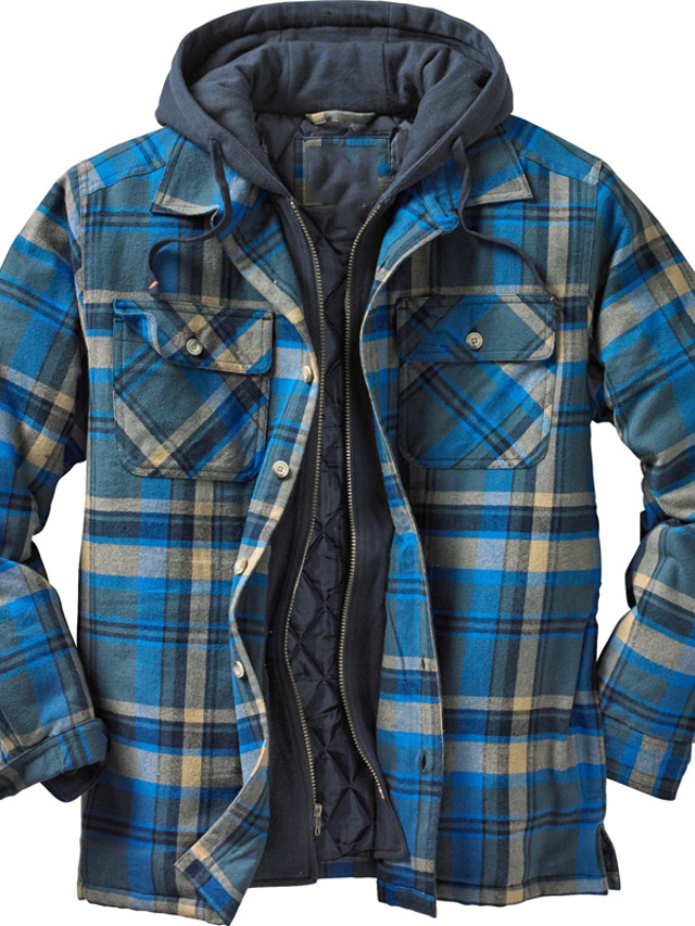  Men's Flannel Shirt Shirt Jacket Shacket Check Hooded Black / White Green Blue Brown Print Street Daily Long Sleeve Button-Down Clothing Apparel Fashion Casual Comfortable