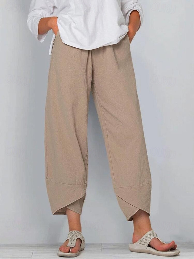  Women's Chinos Baggy Pants Cotton Linen Side Pockets Baggy Mid Waist Ankle-Length Navy Blue Summer