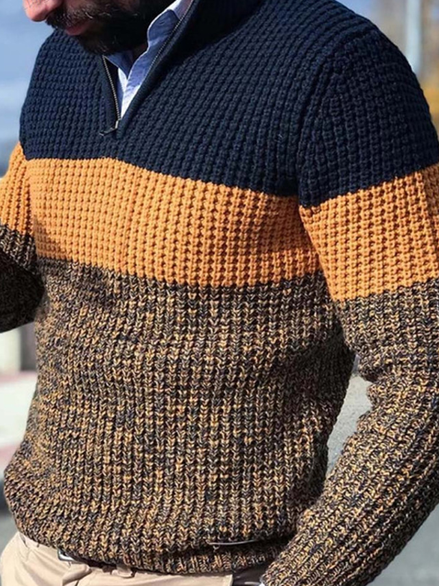  Męskie Sweter Sweter sweter Prążkowany Robić na drutach Skrócona długość Zamek Dzianiny Kolorowy blok Kołnierz stawiany Podstawowy Elegancki Na zewnątrz Codzienny Odzież Zima Jesień Pomarańczowy Szary