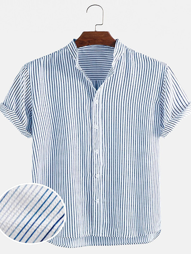  رجالي قميص النسيج القطني قميص صيفي مخطط طوي أزرق شارع مناسب للبس اليومي كم قصير زر أسفل ملابس خفيف الوزن ناعم متنفس مريح