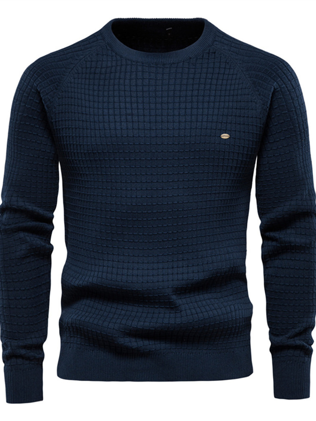  Men's Sweater Pullover Sweater Jumper Waffle Knit Cropped Knitted Solid Color Crew Neck Basic Stylish Outdoor Daily Clothing Apparel Winter Fall Blue Khaki S M L