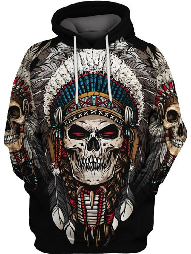  Men's Hoodie Sweatshirt Print Basic Streetwear Casual Skull Graphic Prints Black 3D Print Hooded Sports & Outdoor Daily Sports Long Sleeve Clothing Clothes Regular Fit