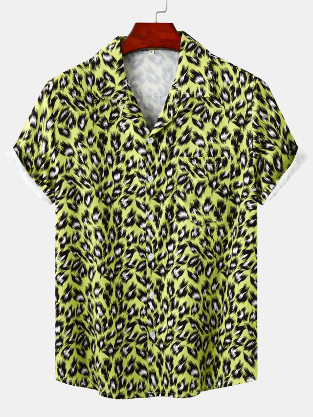  Homens Camisa Social Leopardo Aberto para a Lateral Casual Diário Manga Curta Blusas Tropical Verde