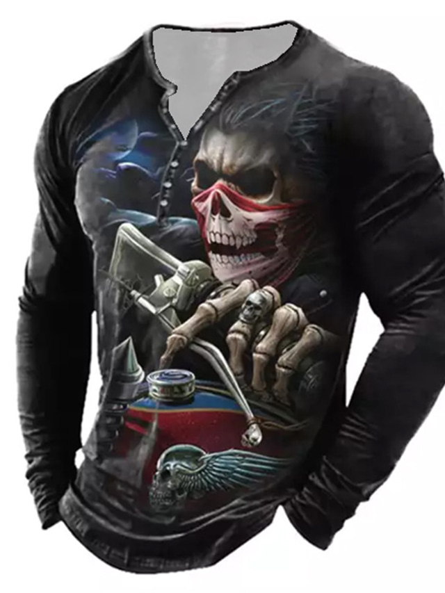  Men's T shirt Tee Henley Shirt Tee Graphic Skull Henley Black Long Sleeve 3D Print Plus Size Outdoor Daily Button-Down Print Tops Basic Designer Classic Comfortable / Sports