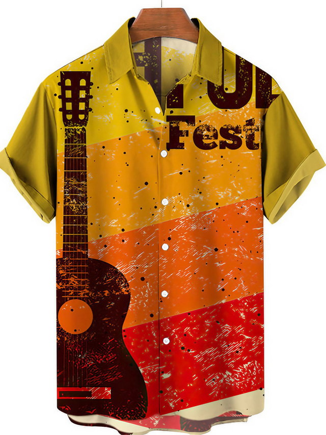  Męskie Koszula Koszula hawajska Letnia koszula Graficzny Gitara Instrument muzyczny Wieczorne Biały Żółty Granatowy Ciemnozielony Żółtobrązowy Nadruk Na zewnątrz Ulica Krótkie rękawy Przycisk w d