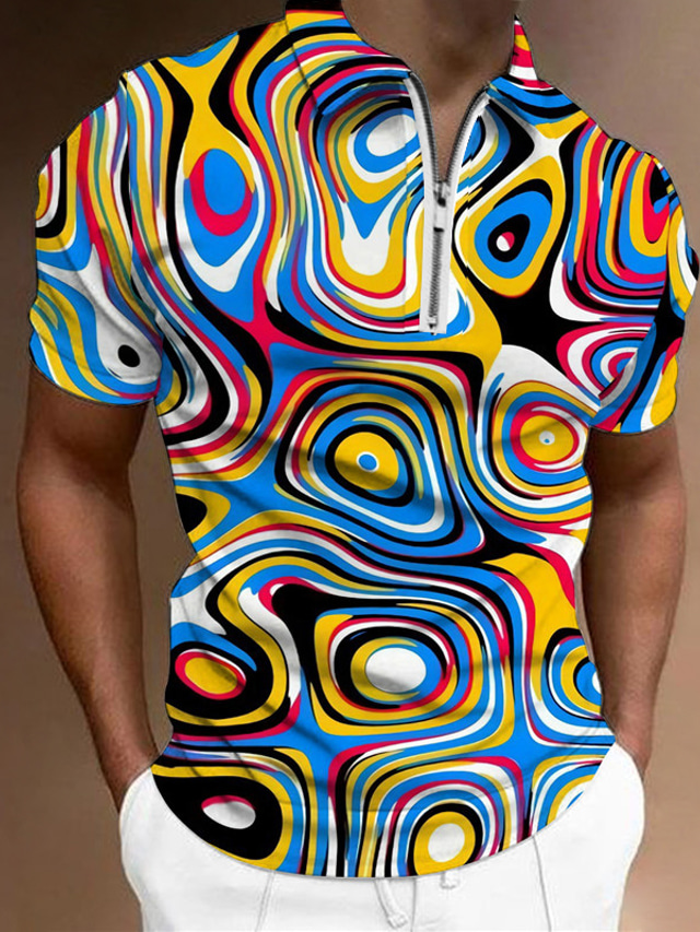  Men's Collar Polo Shirt Golf Shirt 3D Print Optical Illusion Turndown Casual Daily Zipper Print Short Sleeve Tops Designer Casual Fashion Breathable Black / White Blue
