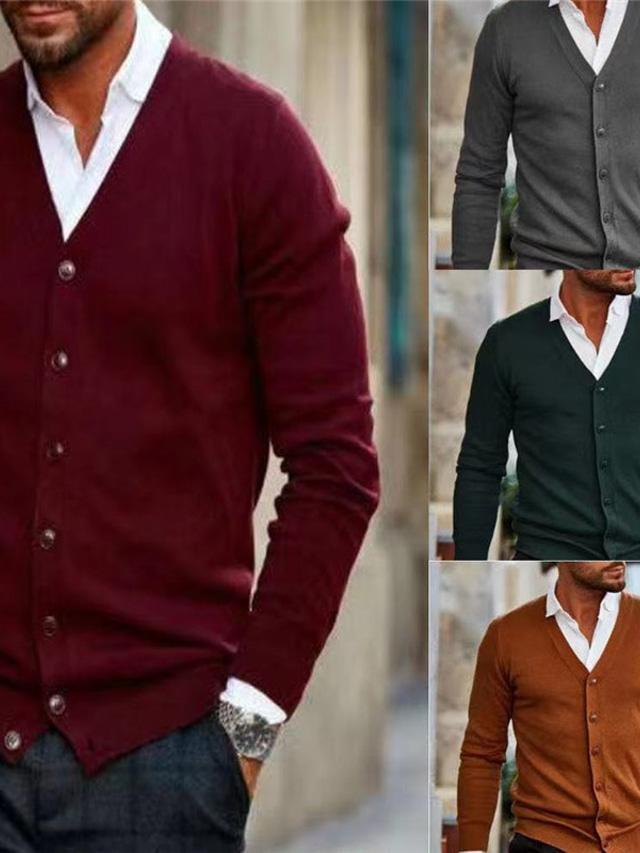  Men's Sweater Cardigan Sweater Ribbed Knit Cropped Knitted Solid Color V Neck Basic Stylish Outdoor Daily Clothing Apparel Fall Winter Green Wine S M L / Long Sleeve / Long Sleeve