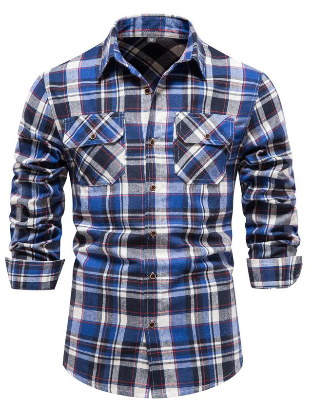  herreskjorte ternet krave casual daglige langærmede toppe casual blå/sort sort + hvid rød+marineblå