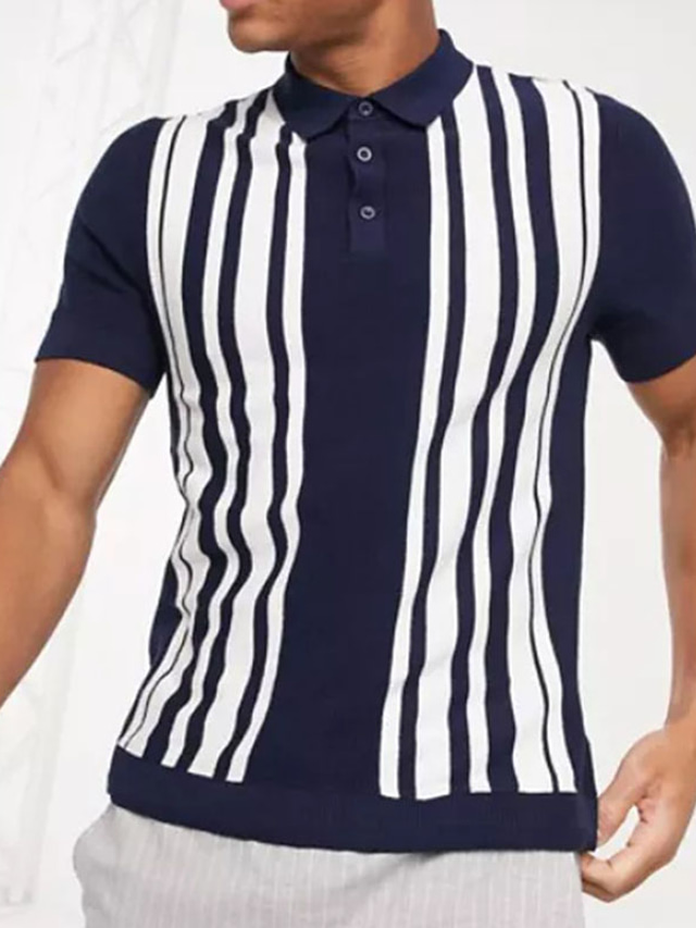 Men's Polo Shirt Knit Polo Sweater Golf Shirt Striped Turndown Navy Blue Street Daily Short Sleeve Button-Down Clothing Apparel Fashion Casual Comfortable
