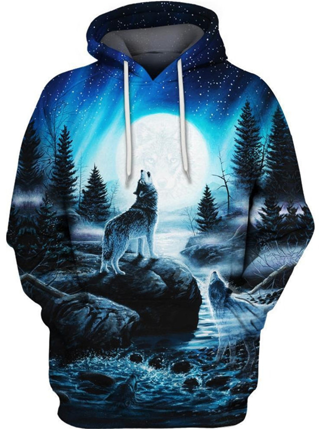  Men's Hoodie Sweatshirt Print Basic Streetwear Casual Wolf Graphic Prints Blue 3D Print Hooded Sports & Outdoor Daily Sports Long Sleeve Clothing Clothes Regular Fit