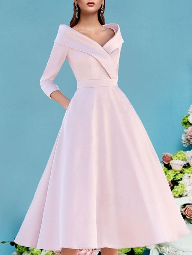  A-Line Mother of the Bride Dress Wedding Guest Elegant Vintage V Neck Tea Length Satin 3/4 Length Sleeve with Pleats 2025 free custom size