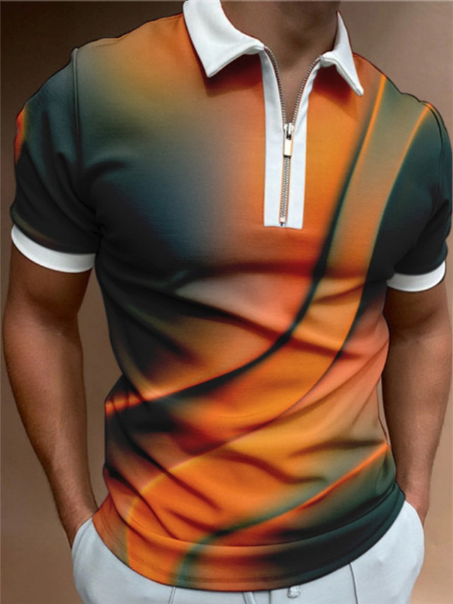  Per uomo POLO Camicia da golf Golf Gradiente Collo ripiegabile Arancione Stampa 3D Esterno Strada Maniche corte Cerniera Stampa Abbigliamento Di tendenza Originale Informale Traspirante / Estate