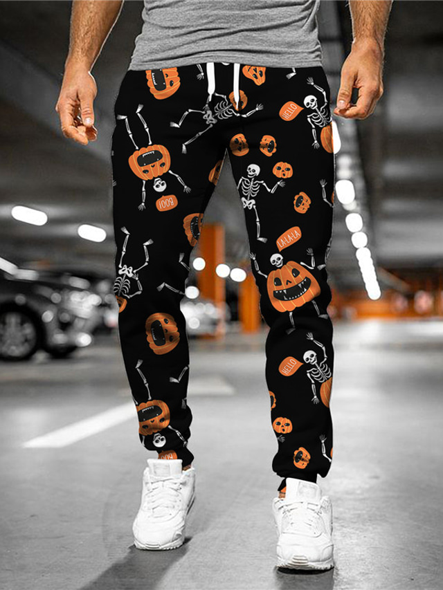  Men's Sweatpants Joggers Trousers Pants Drawstring Side Pockets Elastic Waist Skull Pumpkin Graphic Prints Comfort Breathable Halloween Sports Outdoor Streetwear Designer Black Micro-elastic