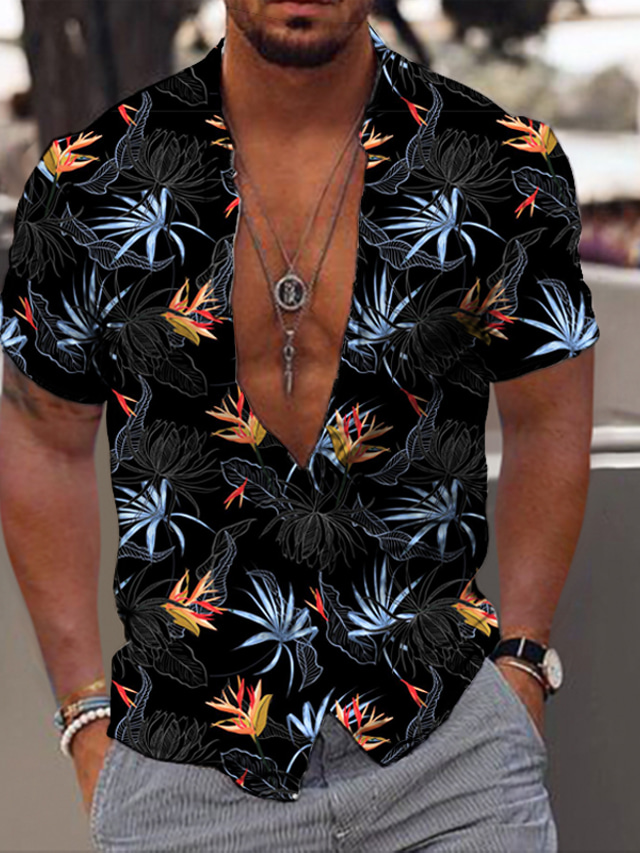 Муж. Рубашка Летняя рубашка Гавайская рубашка Графика Гавайский Алоха Листья Дизайн Отложной Черный / Белый Черный Лиловый Зеленый Светло-серый С принтом на открытом воздухе Для улицы