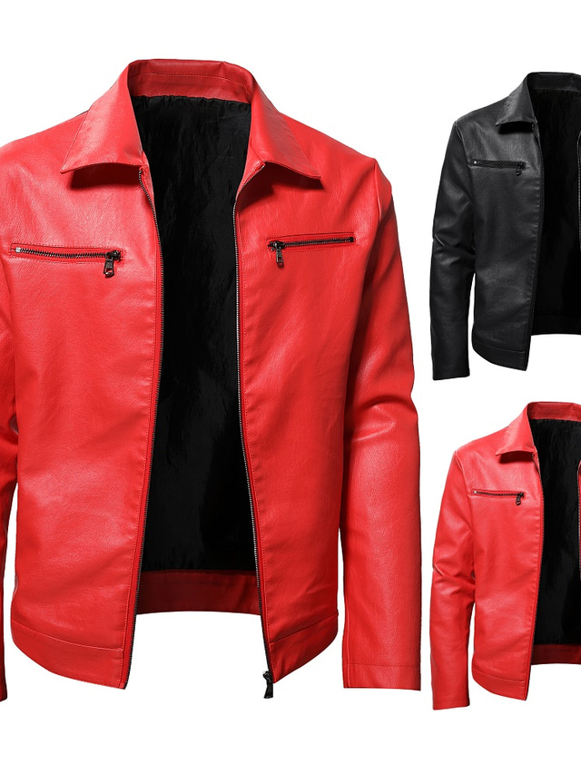  Men's Faux Leather Jacket Biker Jacket Daily Wear Work Winter Long Coat Regular Fit Warm Casual Casual Daily Jacket Long Sleeve Pure Color With Belt Light Red Black