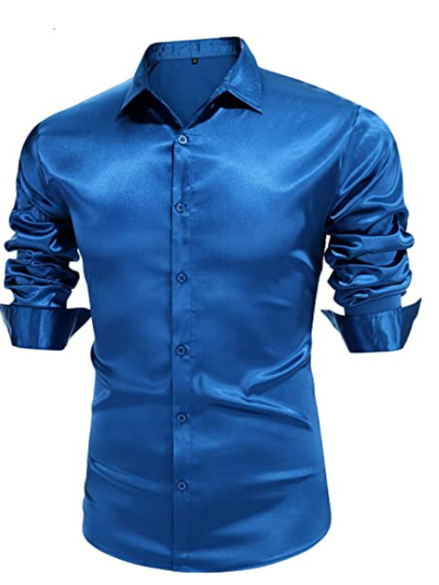  Men's Dress Shirt Satin Silk Shirt Solid Color Turndown Wine Green Black Blue White Wedding Party Long Sleeve Button-Down Clothing Apparel Luxury Shiny