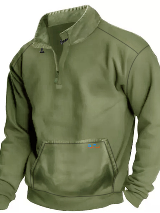  Men's Pullover Quarter Zipper Hoodie Army Green Standing Collar Solid Color Front Pocket Quarter Zip Holiday Going out Weekend Streetwear Casual Fall Clothing Apparel Hoodies Sweatshirts  Long Sleeve