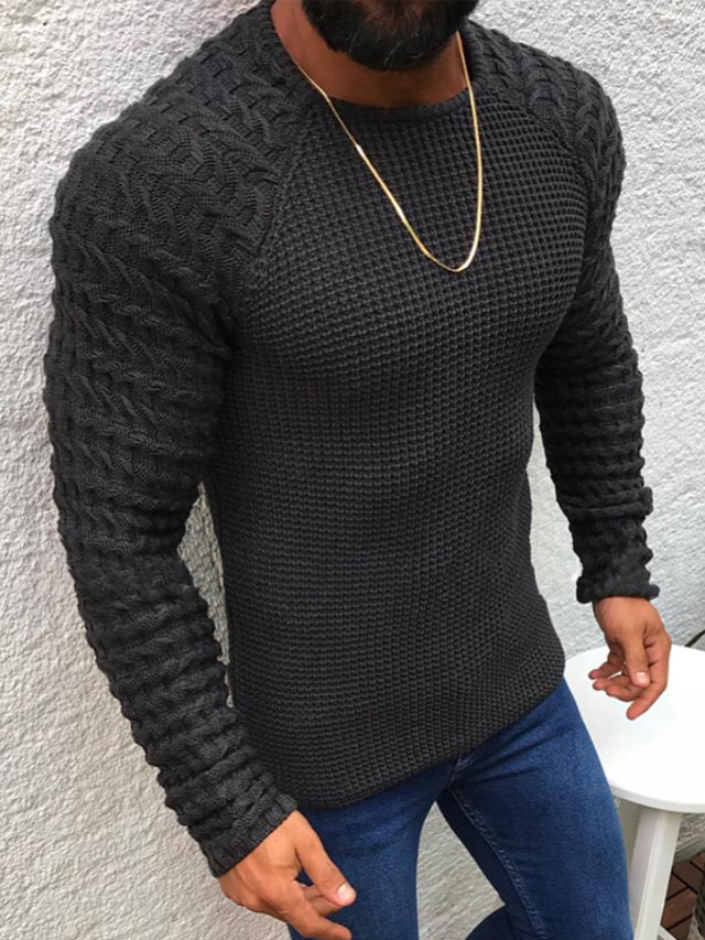  Men's Sweater Pullover Sweater jumper Ribbed Knit Cropped Knitted Solid Color Crew Neck Basic Stylish Outdoor Daily Clothing Apparel Fall Winter Red Gray S M L / Cotton / Long Sleeve / Long Sleeve