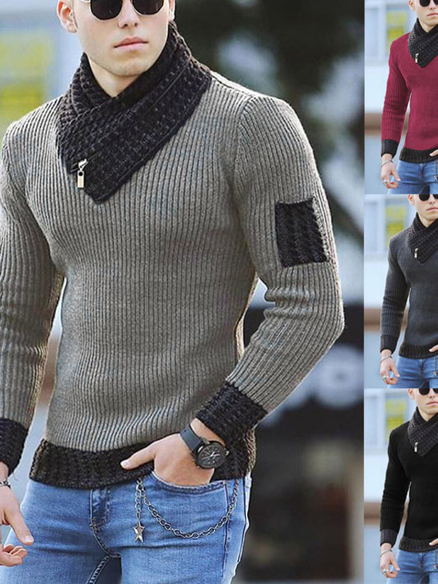  Men's Sweater Turtleneck Sweater Pullover Knit Knitted Color Block Ethnic Style Daily Clothing Apparel Winter Fall Black Khaki S M L