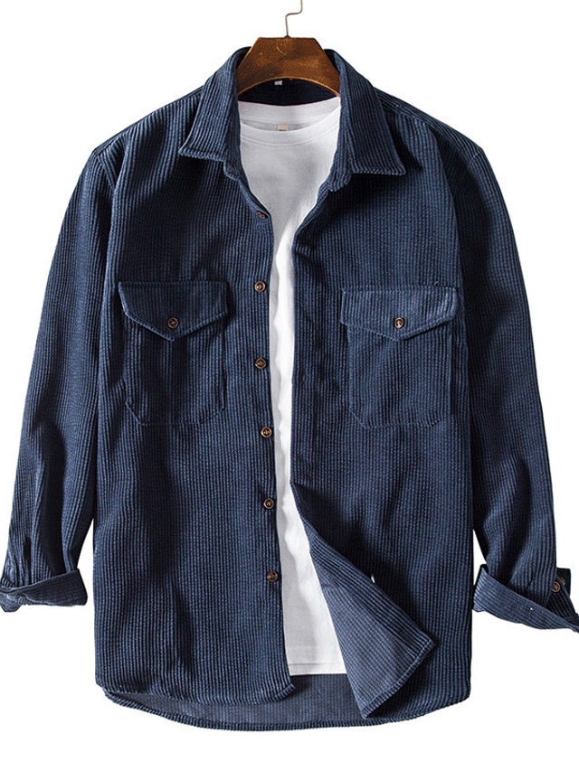  Herr Flanellskjorta Manchesterskjorta Ensfärgat Nedvikt Blå Gata Dagligen Långärmad Button-Down Kläder Mode Ledigt Bekväm