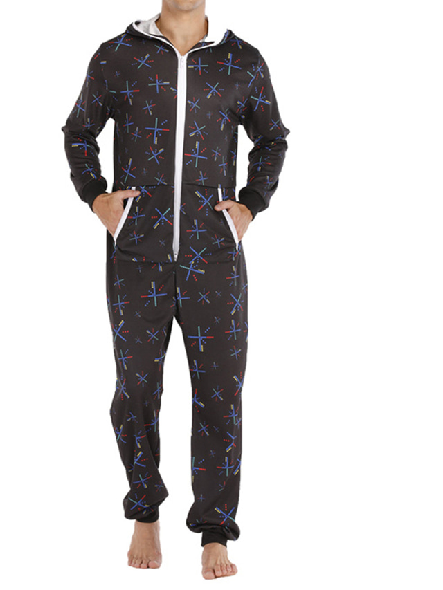  Men's Loungewear Jumpsuits Sleepwear One Piece Pajama 1 PCS Graphic Prints Fashion Comfort Soft Home Christmas Bed Polyester Warm V Wire Basic Fall Spring Black Blue