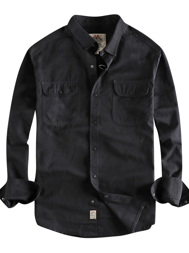  男性用 フランネルシャツ 長袖 純色 折襟 ブラック ストリート 日常 ボタンダウン 衣類 ファッション カジュアル 快適
