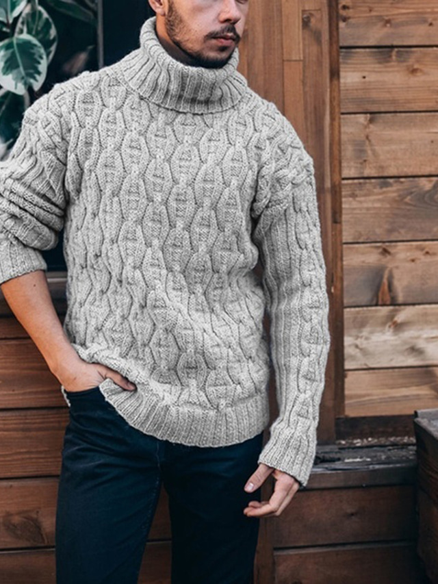  Men's Pullover Sweater Cable Knit Cropped Knitted Solid Color Turtleneck Basic Stylish Outdoor Daily Clothing Apparel Winter Fall milk white Blue S M L