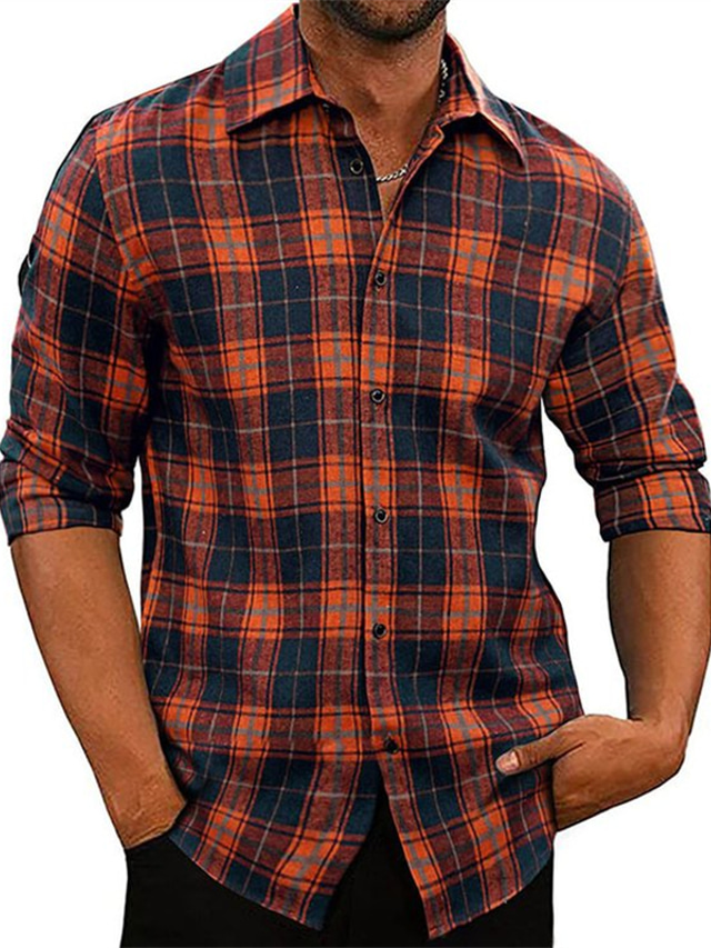  camisa masculina xadrez xadrez turndown laranja preto street diário manga longa roupas de botão vestuário básico moda casual confortável