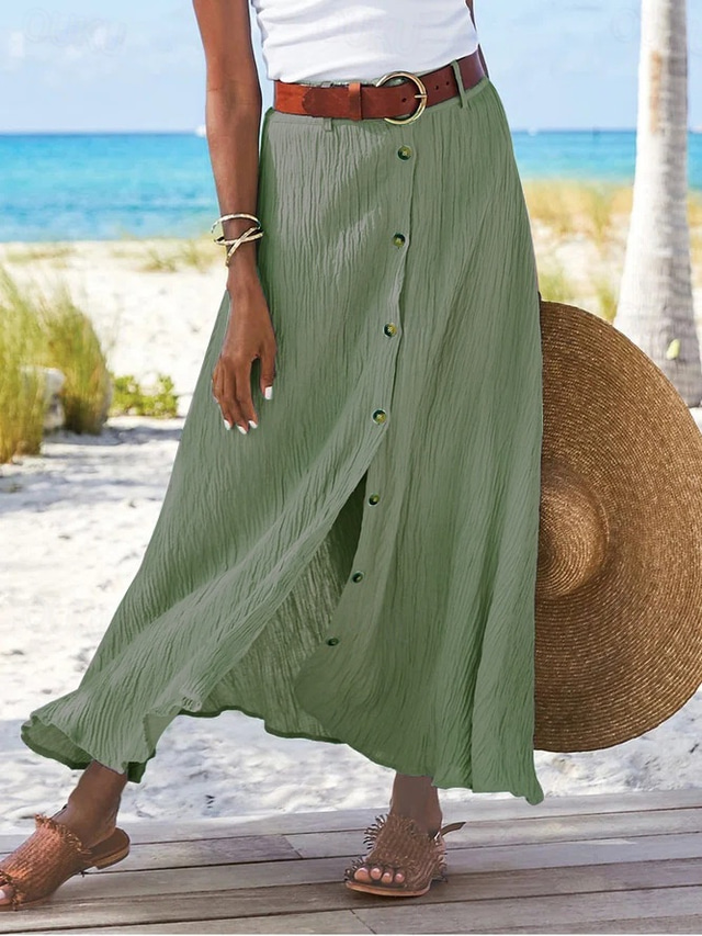  Women's Skirt Long Skirt Linen Skirts Straight Fashion coastal grandma style Summer Maxi Skirts Solid Colored Split Vacation Office / Career Black White Navy Blue Orange Autumn / Fall Faux Linen Gold