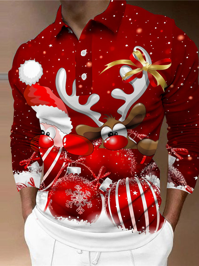  Men's Collar Polo Shirt Golf Shirt Santa Claus Elk Snowflake Turndown Red 3D Print Christmas Street Short Sleeves Zipper Print Clothing Apparel Fashion Designer Casual Breathable / Summer / Spring