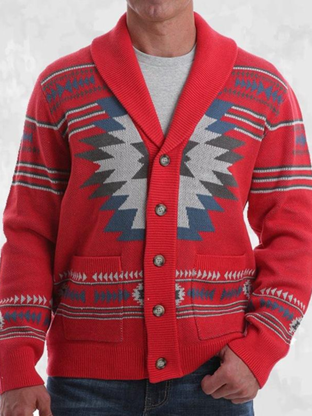  Men's Cardigan Sweater Crochet Knit Floral Stripe V Neck Basic Casual Outdoor Home Spring Summer Red M L XL / Winter / Long Sleeve / Open Front